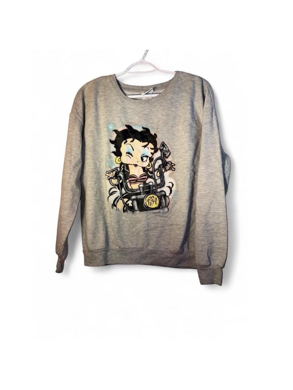 Betty Boop Gray Crewneck Sweatshirt with Motorcycle Graphic